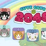 Fundal colorat cu curcubeu, fețe de pisici drăguțe în pătrate colorate și text mare Cute Cats 2048
