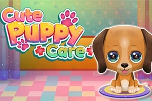 Un cățeluș cu ochi mari și strălucitori stă pe un covor colorat, cu un fundal pastelat și text Cute Puppy Care deasupra