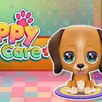 Un cățeluș cu ochi mari și strălucitori stă pe un covor colorat, cu un fundal pastelat și text Cute Puppy Care deasupra