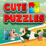 Text colorat Cute Puzzles deasupra unor piese de puzzle și o cabină pe o plajă cu palmieri în fundal
