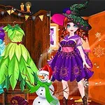 O tânără costumată în vrăjitoare stă lângă un dulap cu rochii colorate și un om de zăpadă, într-o cameră decorată festiv