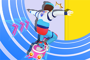 Persoană pe un skateboard zburător roz-alb, navigând printr-un tunel albastru cu dungi albe și o fundal galben
