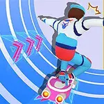 Persoană pe un skateboard zburător roz-alb, navigând printr-un tunel albastru cu dungi albe și o fundal galben