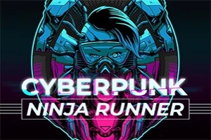Ilustrație cu un personaj stilizat într-un stil cyberpunk, purtând o mască și ochelari futuristici, cu textul CYBERPUNK NINJA RUNNER în prim-plan
