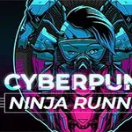 Ilustrație cu un personaj stilizat într-un stil cyberpunk, purtând o mască și ochelari futuristici, cu textul CYBERPUNK NINJA RUNNER în prim-plan