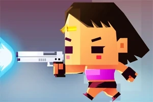 Personaj stilizat în grafică pixelată ținând un pistol care trage un proiectil albastru