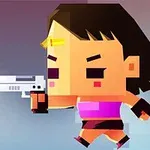 Personaj stilizat în grafică pixelată ținând un pistol care trage un proiectil albastru