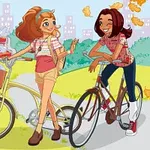 Două fete desenate plimbându-se cu bicicletele printr-un parc, înconjurate de porumbei și frunze toamna