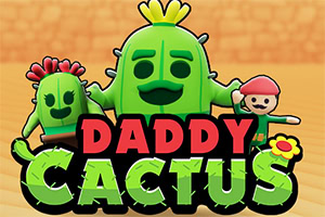 Trei personaje animate, incluzând doi cactuși verzi cu expresii prietenoase și un omuleț cu beretă roșie, cu titlul DADDY CACTUS în litere colorate în prim-plan