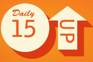 Cerc cu textul Daily 15 alături de o săgeată în sus cu cuvântul UP, pe un fundal portocaliu