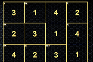 Grilă de blocuri numerotate de la 1 la 4, cu chenar galben și model hexagonal pe fundal negru