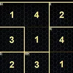 Grilă de blocuri numerotate de la 1 la 4, cu chenar galben și model hexagonal pe fundal negru
