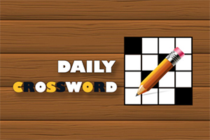 O imagine cu textul Daily Crossword pe un fundal de lemn și un creion portocaliu plasat pe un chenar alb-negru de cuvinte încrucișate