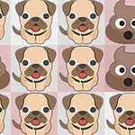 Desen cu replici alternante de capete de cățeluși cu ochi mari și limbi scoase și desene animate în formă de fecale cu ochi, aranjate într-un model de tablă de șah