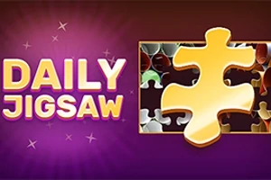 Text Daily Jigsaw în partea stângă și o piesă mare de puzzle aurie în dreapta pe un fundal mov cu stele