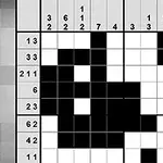 O grilă de puzzle logic cu pătrate alb-negru și numere de ghidare de-a lungul marginilor