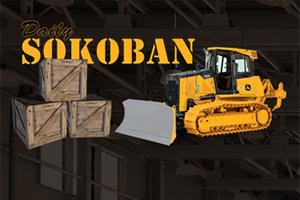 Un buldozer galben și trei lăzi de lemn pe un fundal industrial întunecat, cu textul Daily Sokoban