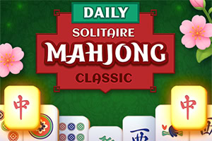 Textul central „Daily Solitaire Mahjong Classic” pe un fundal verde, înconjurat de plăci de joc și flori roz