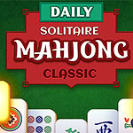 Textul central „Daily Solitaire Mahjong Classic” pe un fundal verde, înconjurat de plăci de joc și flori roz