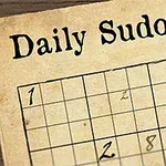 O foaie de puzzle Sudoku cu titlul „Daily Sudoku” și un stilou și o pană alături
