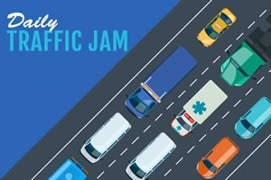 Vedere de sus a unui blocaj de trafic pe o șosea cu mai multe mașini, inclusiv un camion și o ambulanță, pe un fundal albastru cu textul Daily Traffic Jam