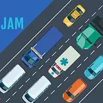 Vedere de sus a unui blocaj de trafic pe o șosea cu mai multe mașini, inclusiv un camion și o ambulanță, pe un fundal albastru cu textul Daily Traffic Jam