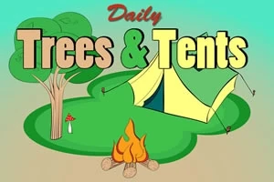 Ilustrație cu un cort galben, un foc de tabără și un copac pe un fundal verde cu textul Daily Trees & Tents