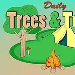 Ilustrație cu un cort galben, un foc de tabără și un copac pe un fundal verde cu textul Daily Trees & Tents