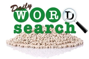 Un teanc de cuburi cu litere sub textul Daily Word Search, cu o lupă plasată pe litera O