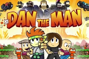 Un personaj animat cu bandană verde și păr portocaliu apare deasupra textului „Dan The Man” pe un fundal luminos
