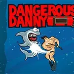 Un scafandru luptându-se cu un rechin sub apă, în prim-plan, cu textul Dangerous Danny deasupra