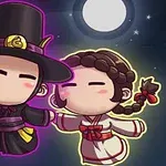 Două personaje animate stilizate, îmbrăcate în costume tradiționale, dansând sub lumina lunii