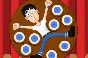 Dart Wheel Un desen animat cu un bărbat legat pe o roată de lemn cu ținte de tir în jurul lui