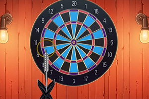 Tablă de darts cu un design colorat, având două săgeți înfipte în partea stângă, pe un fundal de perete de lemn cu două lămpi