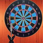 Tablă de darts cu un design colorat, având două săgeți înfipte în partea stângă, pe un fundal de perete de lemn cu două lămpi