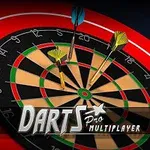 Trei săgeți colorate aruncate în ținta unei table de darts, cu textul Darts Pro Multiplayer deasupra