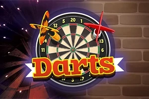 O țintă de darts cu un fluture și o săgeată în față și cuvântul Darts scris sub ele pe un fond de perete din cărămidă