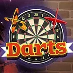 O țintă de darts cu un fluture și o săgeată în față și cuvântul Darts scris sub ele pe un fond de perete din cărămidă