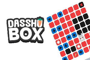 Logo Dasshu Box și grilă de pătrate colorate cu săgeți și un iepure alb