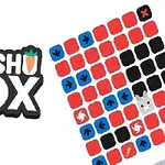 Logo Dasshu Box și grilă de pătrate colorate cu săgeți și un iepure alb