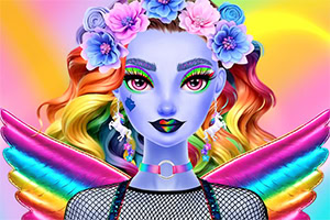 Portret ilustrat al unei fete cu piele albastră, păr multicolor, coroniță de flori și aripi curcubeu pe fundal roz-galben