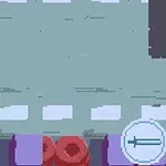 Imaginea prezintă un drum pixelat cu o săgeată de control în colțul din dreapta jos și o barieră de cauciucuri roșii în partea de jos