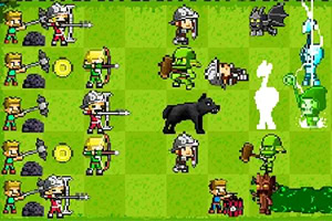 Personaje pixelate de luptă așezate pe un câmp verde în pătrate, incluzând arcași, cavaleri și creaturi fantastice
