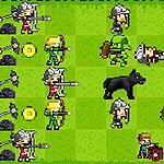 Personaje pixelate de luptă așezate pe un câmp verde în pătrate, incluzând arcași, cavaleri și creaturi fantastice