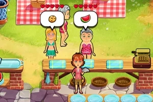 Trei personaje animate într-un decor de picnic, dintre care două exprimă dorințe de mâncare prin baloane de dialog, în fața unei mese cu prosoape și un aparat de casă