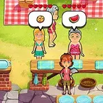 Trei personaje animate într-un decor de picnic, dintre care două exprimă dorințe de mâncare prin baloane de dialog, în fața unei mese cu prosoape și un aparat de casă