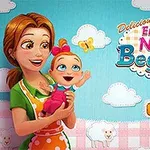 Femeie zâmbitoare ținând un bebeluș într-un mediu colorat și vesel, cu norisori și o fundă roz