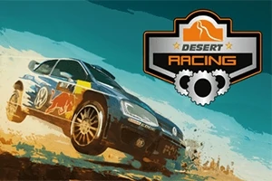 Mașină de curse albastră sărind pe un teren nisipos, având un logo cu inscripția Desert Racing în partea dreaptă