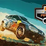 Mașină de curse albastră sărind pe un teren nisipos, având un logo cu inscripția Desert Racing în partea dreaptă
