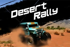 Un vehicul off-road albastru, ridicând praf pe un drum de deșert, cu textul Desert Rally în fundal